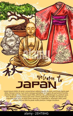 Willkommen bei Japan travel Concept, Symbole der japanischen Kultur und Religion. Geisha Kimono, Bonsai Baum und Pagode, Sakura Zweig, Netsuke Mönch und Budd Stock Vektor