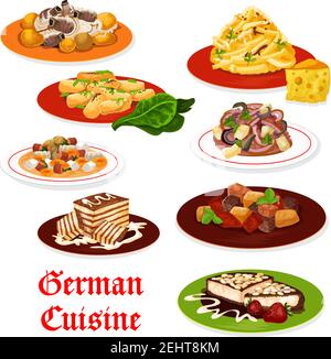 Deutsche Küche Fleisch- und Gemüsegerichte. Salate mit Wurst, Käse und Kartoffeln, Apfel und Zwiebel, Biersuppe, Schweinebrippen-Eintopf mit Sauerkraut, Chocolat Stock Vektor