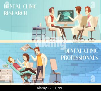 Zahnklinik horizontale Banner mit Gruppe von Zahnärzten beteiligt In der Forschung und geben professionelle Beratung flache Vektor-Illustration Stock Vektor