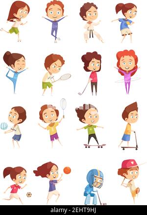 Kinder Sport dekorative Symbole Set mit farbigen Cartoon Figuren von Nette Kinder, die in verschiedenen Sport-Wohnung isoliert engagiert sind vektorgrafik Stock Vektor