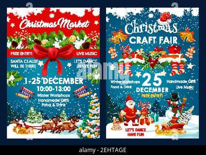 Weihnachtsmarkt Poster Design von Santa und Schneemann im Schlitten mit Silvester Geschenktüte. Vektor Weihnachten Winter Urlaub Veranstaltung Einladung von Stechpalme ornamenen Stock Vektor