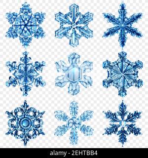 Neun hellblau realistische Schneeflocke Symbol Set mit verschiedenen Formen Und Stile Vektordarstellung Stock Vektor