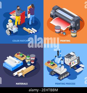 Druckerei Polygrafie Industrie isometrische 2x2 Design-Konzept mit Bildern Von Plottermaterialien Computer-Roboter und Arbeiter Vektor-Illustration Stock Vektor