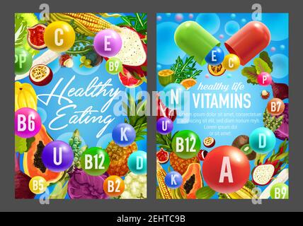 Lebensmittel, die reich an Vitaminen, Vektor-Pillen, Gemüse und Obst. Orange, Papaya und exotischer Durian, Kohl, Spargel und Rüben, Ananas, Mais und Pomegra Stock Vektor