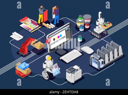 Druckerei Polygrafie Industrie isometrische Zusammensetzung mit menschlichen Zeichen Roboter Manipulatoren und Bilder von Drucker Verbrauchsmaterialien Vektor illustrat Stock Vektor