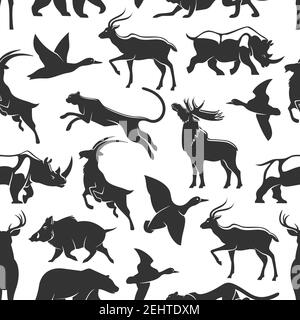 Tiere für die Jagd dunkle Silhouetten Vektor nahtlose Muster. Ente und Hirsche, Nashorn und Gans, puma und Wildschwein, Bär und Ziege, Elch. Wilde Säugetiere und Vögel Stock Vektor