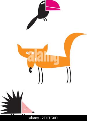 Lustige Cartoon Tiere Set. Vektorgrafik Fuchs, Rabe und Igel. Stock Vektor