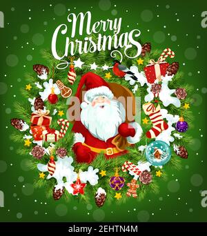 Weihnachtsmann mit Sack von Geschenken auf Frohe Weihnachten Poster mit Girlande aus Tannenzweigen und Schnee. Bullfink und Glaskugel mit Haus, Geschenk und Gelage Stock Vektor