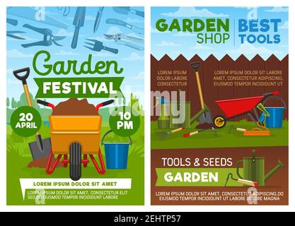 Gartengeräte und -Geräte, Landwirtschaft oder Gartenbau. Vector Schubkarre mit Boden und Spaten, Beschneide und Schaufel, Gießkanne und Schlauch mit Sprossen Stock Vektor