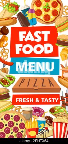 Fastfood-Pizza, Burger und Snacks. Vector Fastfood Restaurant oder Café Mahlzeiten Hot Dog, Grill Huhn, Pommes und Eis Dessert und Kaffee d Stock Vektor