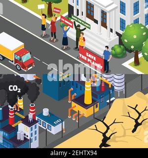 Globale Erwärmung isometrische horizontale Banner mit Straße Manifestation für speichern Planeten, Fabrik CO2 Emissionen isoliert Vektor Illustration Stock Vektor