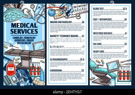 Medizinisches Zentrum, Krankenhaus Diagnose oder Arzt Beratung und Therapie Behandlung Service Preis. HIV AIDS-Test und Röntgenbild, Kardiogramm und magnetische Stock Vektor