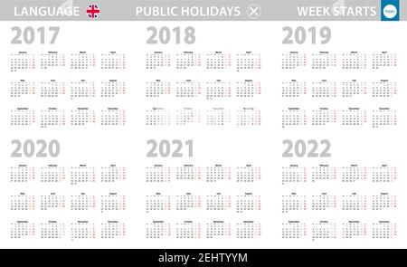 Kalender in englischer Sprache für die Jahre 2017, 2018, 2019, 2020, 2021, 2022. Woche beginnt ab Montag. Vektorkalender. Stock Vektor