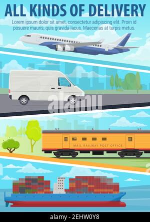 Postversand mit Straßen-, Luft-, Eisenbahn- und Seefrachttransport. Lieferwagen oder Lieferwagen, Containerschiff, Frachtflugzeug und Zug. Logi Stock Vektor