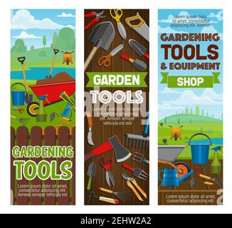 Gartengeräte und Ausrüstung Banner, Gartencenter. Landwirtschaft Schaufel, Rechen und Kelle, Spaten, Gabel und Eimer, Gießschlauch, Dose und Schubkarre, Stock Vektor
