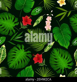 Tropisches Palmblatt und exotische Blumen Muster Hintergrund. Vektor nahtloses Design von Hibiskus, Bananenpalme oder Monstera Blatt und Farn Pflanze, cyperus oder Stock Vektor