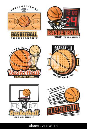 Basketball-Vektorsymbole. Championship Cup oder Sport Team League Turnier Design. Vector orange Basketball Ball im Netto-Tor auf der Arena mit Anzeigetafel, Stock Vektor