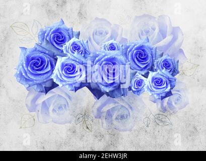 3D Kunst Wandbild Blumen Tapete. Rose Blumen in grauem Hintergrund. Stockfoto