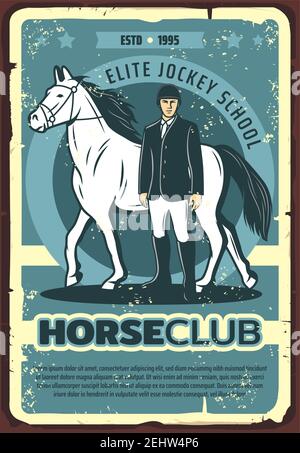 Pferderennen Sport Vektor Poster, Jockey mit Rennpferd auf Hippodrom. Vollblut Hengst Tier und Reiter, Reitsport oder Pferdeclub re Stock Vektor