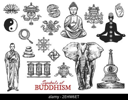 Buddhismus Religiöse Skizzen Symbole. Vektor Buddha Mönch Mudra in Zen-Meditation, Yin Yang Fisch Zeichen oder heilige Elefant und Lotus mit Stupa Schrein und s Stock Vektor