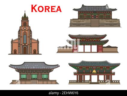 Koreanische Reise Wahrzeichen Vektor-Ikonen der asiatischen antiken Architektur. Römisch-katholische Myeongdong Kathedrale, Glockenturm Bosingak und Bulguksa Tempel, Chan Stock Vektor