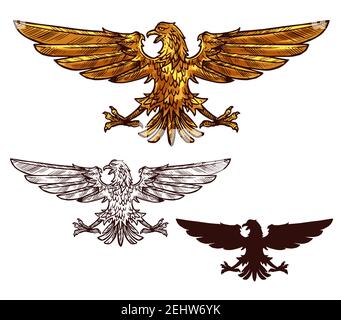 Adler Sieg und Macht heraldischen Element. Heraldry Gold Zeichen und schwarze Silhouette. Mythischer Vogel oder Greifling mit ausgebreiteten Flügeln und scharfen Krallen als Symbo Stock Vektor