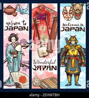 Japanische Kultur Skizzen Banner. Vektor berühmten japanischen Fuji Berg, Geisha Kimono oder Samurai und Ninja oder Tee Zeremonie und Musikinstrumente oder Kabuki th Stock Vektor