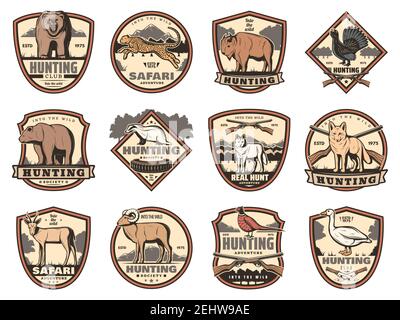 Jagd Sport heraldische Ikonen der Jäger Waffen, Tiere und Vögel. Hirschbock, Ente und Bär, Fuchs, Wolf und Ochse, Gans, Bison und Antilope, jaguar, Fasan Stock Vektor
