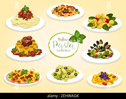 Italienische Nudelgerichte mit Fleisch, Meeresfrüchten, Käse und Gemüse. Vector Spaghetti, Makkaroni und Penne mit Tomaten Bolognese Sauce, Fleischbällchen und Pesto, Stock Vektor