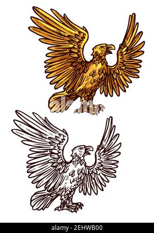 Adler Sieg und Macht Maskottchen. Vektor heraldischen goldenen Element. Mythischer Vogel oder Greifling mit ausgebreiteten goldenen Flügeln und scharfen Krallen als Symbol der Stärke Stock Vektor