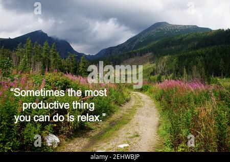 Manchmal ist die produktivste Sache, die Sie tun können, sich zu entspannen. Meditationszitat mit schöner Naturlandschaft. Entspannend, Yoga-Zitate. Friedlicher Lebensstil. Stockfoto