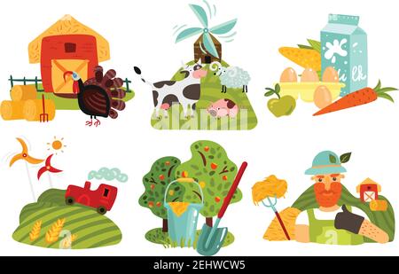 Farm Design-Konzept mit Gartenarbeit, Windmühlen auf grünen Feldern, Scheune und Heu, Tiere, Produkte isoliert Vektor-Illustration Stock Vektor