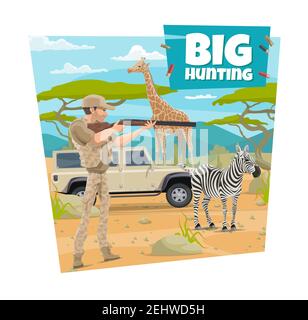 African Safari Jagd Abenteuer, Open Season Poster. Vector Jäger Mann in Hut Schießen mit Gewehr auf wilde Tiere Zebra und Giraffe, in Afrika savan Stock Vektor