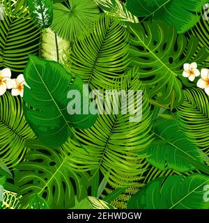 Tropisches Blatt- und Blütenmuster nahtlos. Vektor Hintergrund von grünen exotischen Pumeria Blüte, Bananenpalme, areca oder monstera Blätter und Farnpflanze, Stock Vektor