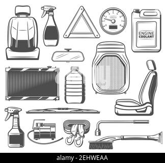 Autoservice, Ersatzteile und Zubehör für die Fahrzeugwartung. Sitz- und Ölbehälter, Tachometer und Kühlmittel, Bürste und Kritzel, Dreieck und Rad Stock Vektor