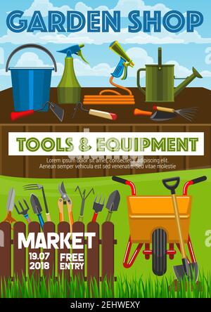 Gartengeschäft Poster, Landwirtschaft und Gartengeräte Marktankündigung. Vector Gärtner Schubkarre, Baumscheren, Spaten und Rechen und Gießkanne. Gartencul Stock Vektor