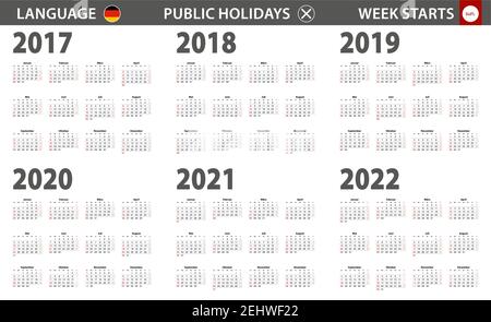 2017-2022 Jahre Kalender in deutscher Sprache, Woche beginnt ab Sonntag. Vektorkalender. Stock Vektor