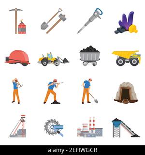 Mineralien Bergbau Satz von flachen Icons mit Arbeitern und Werkzeugen, Kohle, Erz, Maschinen, Fabrik isoliert Vektor Illustration Stock Vektor