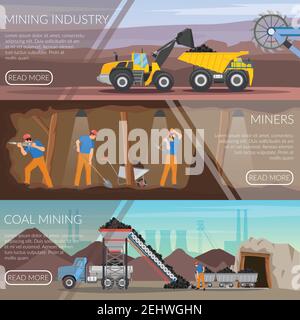Set von flachen horizontalen Banner mit Bergbau-Industrie, Arbeiter mit Werkzeugen, Kohleförderung isoliert Vektor-Illustration Stock Vektor