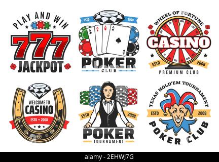 Casino Poker Spiel Symbole. Vektor-Symbole von Poker-Ass-Karten, goldenes Hufeisen, Glücksrad, Chips und Diamant, Würfel oder Würfelspiel mit Glück s Stock Vektor