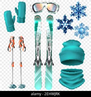 Hellblaue Farbe und realistische Ski Winter Icon Set mit Schneeflocken und Ausrüstung für sportliche Aktivitäten Vektor-Illustration Stock Vektor