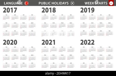 2017-2022 Jahre Kalender in türkischer Sprache, Woche beginnt ab Sonntag. Vektorkalender. Stock Vektor