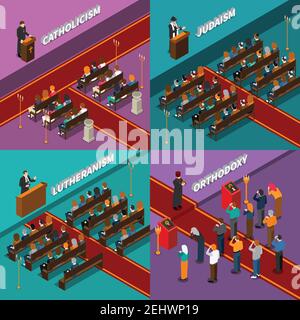 Religion Führer und Menschen Gläubigen isometrische Design Konzept einschließlich katholizismus, Orthodoxie, judentum, luthertum isoliert Vektor Illustration Stock Vektor