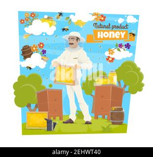 Imker auf Imkerei Bauernhof mit Honig und Biene. Vector apiarist in Schutzanzug und Hut hält Bienenstock Rahmen mit Kamm, Bienenwachs und natürlichem Honig Stock Vektor