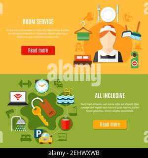 Zwei Banner zum Thema Hotel mit Zimmerservice und allem Inklusive Design Kompositionen flache Vektor-Illustration Stock Vektor