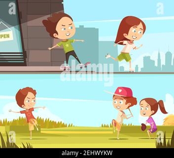 Kinder Sport im Freien horizontale Banner mit Kindern Reiten auf Roller Skates und Skateboards flach Cartoon Vektor Illustration Stock Vektor