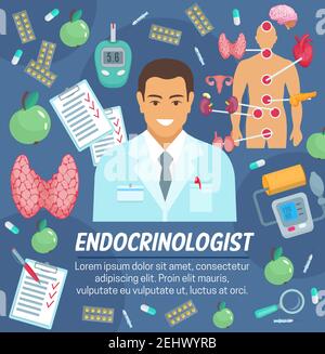 Endokrinologie Medizin und Hormon Schilddrüse des endokrinen Systems und Diabetes-Behandlung. Vektor Endokrinologe Arzt Mann mit Pillen, Tonometer und glu Stock Vektor