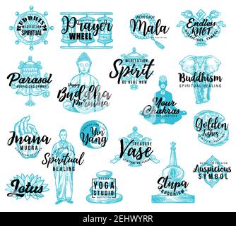 Buddhismus spirituelle Meditation Symbole und Zeichen, Vektor-Schrift. Gebetsrad und endlose Knoten Symbol, Sonnenschirm und Buddha, Dharma und Mönch, Chakren an Stock Vektor