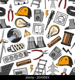Strom und Energetik Vektor nahtlose Muster. Helm und Glühbirne, Steckdose und Schalter, Draht und Voltmeter, Hydro-oder Windkraftanlage, Solar Fledermaus Stock Vektor