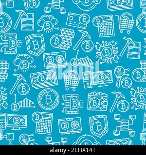 Kryptowährung und Bitcoin Mining Technologie Muster Hintergrund. Vektor nahtlose dünne Linie Design von Bit-Münze oder Krypto Währung digitale Brieftasche, credi Stock Vektor